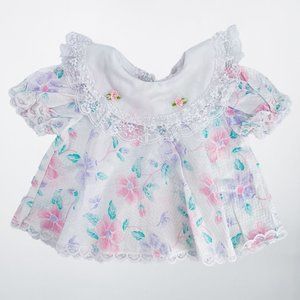 Vintage White Pastel Floral Lace Trimmed Floral Embellished Collar Dress - 6-9 M